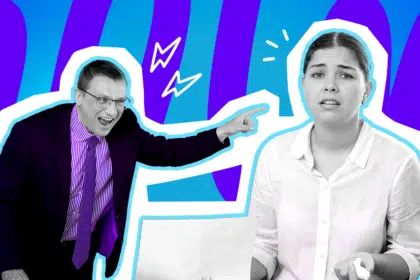 Moderne Grafik, die einen völlig eskalierenden Konflikt am Arbeitsplatz darstellt. Ein Mann verliert die Beherrschung gegenüber einer Kollegin. Ideal für tiefgründige Blogbeiträge über toxische Unternehmenskultur, den Verlust von Respekt im Team und verstörende Geschichten aus dem Büroalltag.