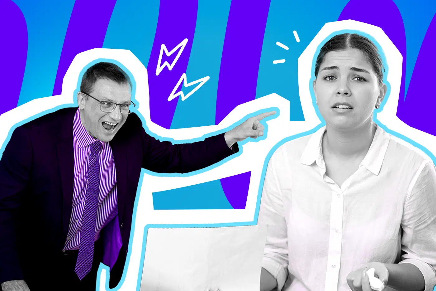 Moderne Grafik, die einen völlig eskalierenden Konflikt am Arbeitsplatz darstellt. Ein Mann verliert die Beherrschung gegenüber einer Kollegin. Ideal für tiefgründige Blogbeiträge über toxische Unternehmenskultur, den Verlust von Respekt im Team und verstörende Geschichten aus dem Büroalltag.