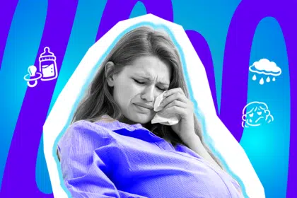 Moderne Grafik, die den hormonellen Ausnahmezustand während der Schwangerschaft darstellt. Eine werdende Mutter weint bitterlich, passend zu humorvollen Anekdoten über emotionale Momente. Ideal für Blogbeiträge über Schwangerschaftshormone, den Nestbautrieb und Überlebens-Tipps für werdende Eltern.