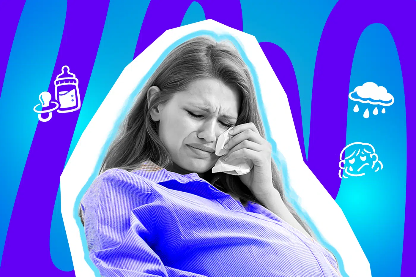 Moderne Grafik, die den hormonellen Ausnahmezustand während der Schwangerschaft darstellt. Eine werdende Mutter weint bitterlich, passend zu humorvollen Anekdoten über emotionale Momente. Ideal für Blogbeiträge über Schwangerschaftshormone, den Nestbautrieb und Überlebens-Tipps für werdende Eltern.