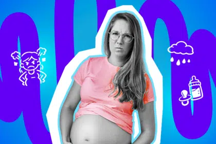 Moderne Grafik, die den totalen Nerv-Faktor durch übergriffige Kommentare darstellt. Eine werdende Mutter blickt fassungslos in die Kamera. Ideal für Blogbeiträge über Mom-Shaming, das Wochenbett, absurde Schwangerschafts-Mythen und den humorvollen Umgang mit ungefragter Kritik.