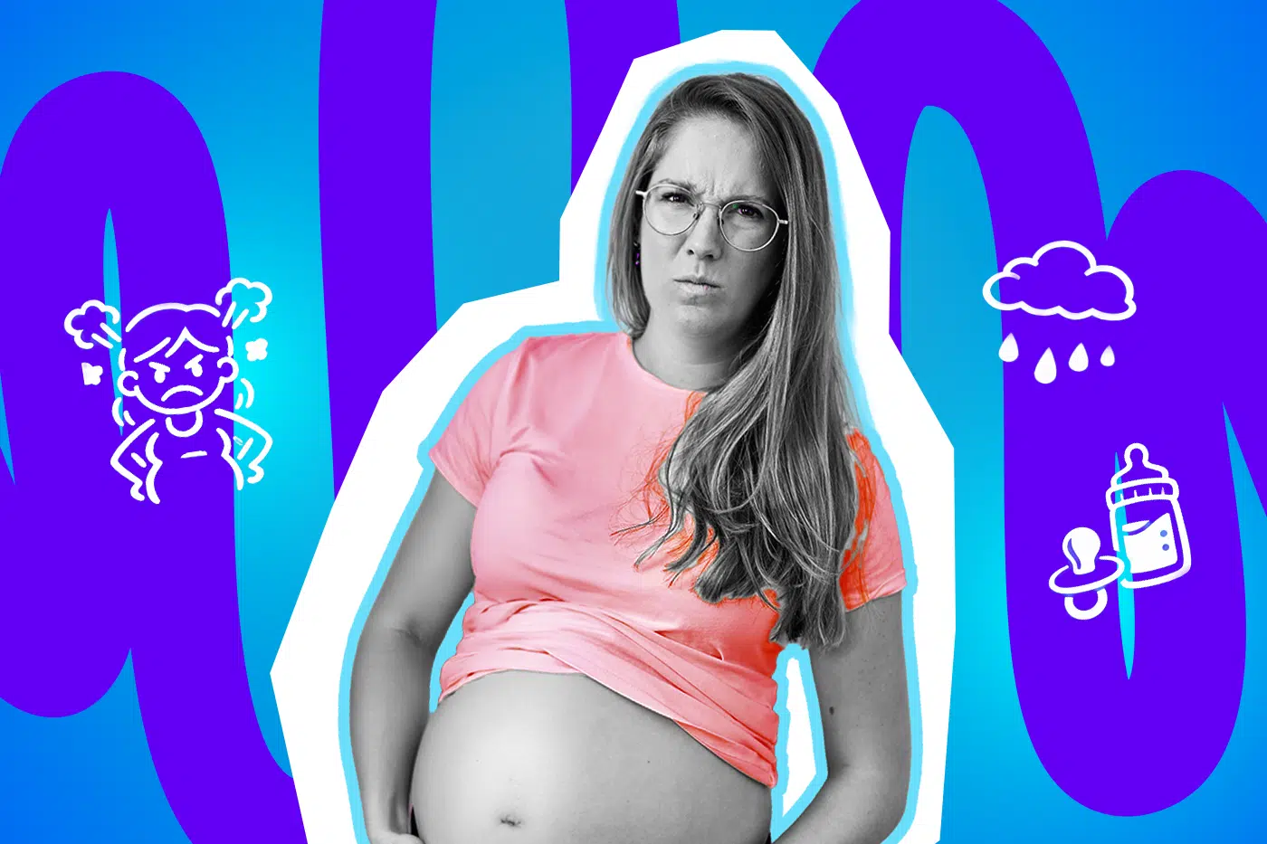 Moderne Grafik, die den totalen Nerv-Faktor durch übergriffige Kommentare darstellt. Eine werdende Mutter blickt fassungslos in die Kamera. Ideal für Blogbeiträge über Mom-Shaming, das Wochenbett, absurde Schwangerschafts-Mythen und den humorvollen Umgang mit ungefragter Kritik.