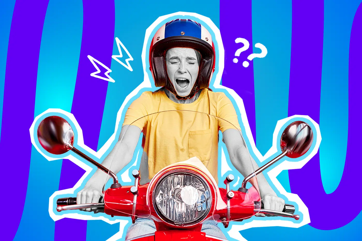 Ausdrucksstarke Collage zum Thema Schrecksekunde, Unfallgefahr und Schutzengel: Im Zentrum sitzt eine junge Frau in Schwarz-Weiß auf einem leuchtend roten Motorroller, der farblich extrem stark hervortritt. Sie trägt ein knallgelbes T-Shirt und einen auffälligen blau-weiß-roten Retro-Helm. Mit fest zusammengekniffenen Augen und weit aufgerissenem, schreiendem Mund klammert sie sich panisch an den Lenker. Weiße Blitz- und Fragezeichen-Icons rund um ihren Kopf sowie das Pop-Art-Motiv vor einem markanten blau-violetten Wellen-Hintergrund visualisieren pointiert die pure Panik, den plötzlichen Schock und diese eine unfassbare Millisekunde, in der man im Straßenverkehr (oder im Leben allgemein) gerade noch einmal haarscharf einer Katastrophe entkommen ist.