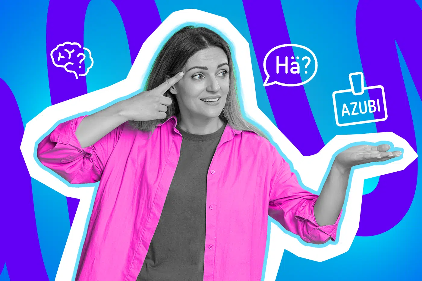 Moderne Grafik einer Mitarbeiterin, die sichtlich fassungslos auf eine unüberlegte Aussage reagiert. Die Illustration fängt den klassischen „Wo bin ich hier gelandet?“-Moment ein. Ideal für Blogbeiträge über Ausbildungs-Fails, Büro-Humor und lustige Geschichten über verpeilte Kollegen.