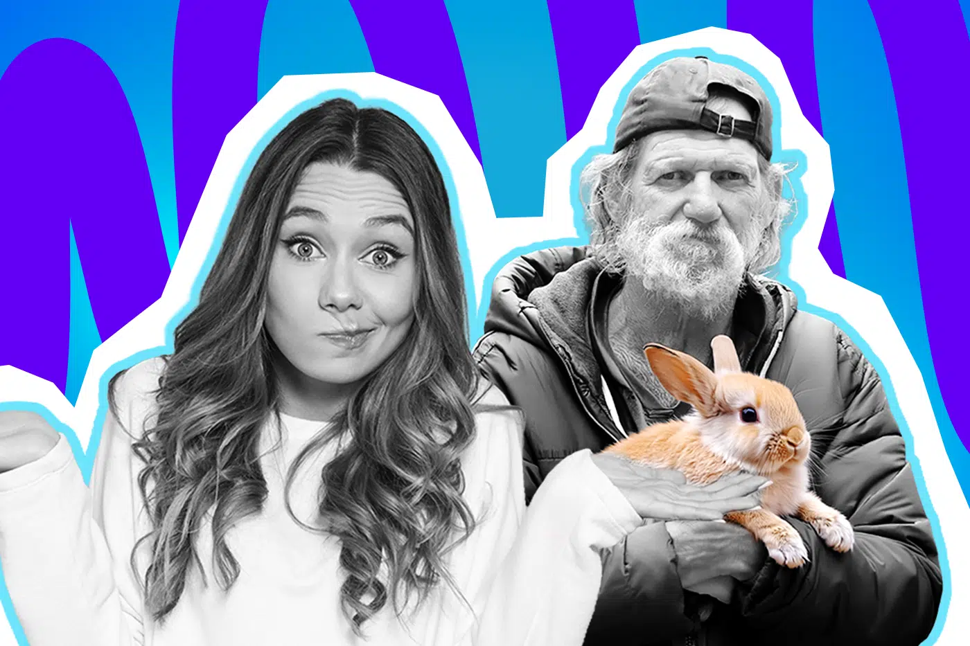 Moderne Grafik, die eine typische „WTF“-Situation darstellt, die im Gegensatz zu den schlimmsten Befürchtungen völlig harmlos und herzerwärmend endet. Ideal für tiefgründige Blogbeiträge über weibliche Schutzmechanismen, das Privileg der Sorglosigkeit und skurrile, aber gute Begegnungen auf der Straße.