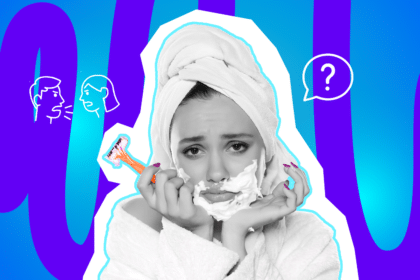Moderne Grafik einer Frau im Bademantel, die sichtlich entnervt mit ihrem Rasierer hadert. Der Rasierschaum spielt ironisch auf die Nutzung von Herrenprodukten an. Ideal für Blogbeiträge über die Pink Tax, Beauty-Lifehacks und lustige Eifersuchts-Anekdoten aus dem Alltag.