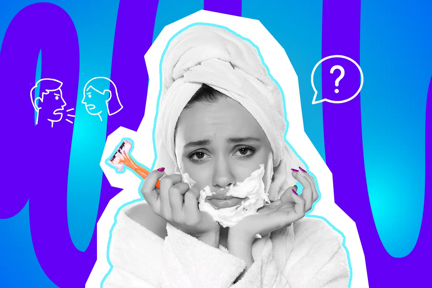Moderne Grafik einer Frau im Bademantel, die sichtlich entnervt mit ihrem Rasierer hadert. Der Rasierschaum spielt ironisch auf die Nutzung von Herrenprodukten an. Ideal für Blogbeiträge über die Pink Tax, Beauty-Lifehacks und lustige Eifersuchts-Anekdoten aus dem Alltag.