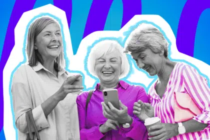 Moderne Grafik, die die tiefe Verbundenheit und Freude zwischen langjährigen Freundinnen darstellt. Das Motiv passt perfekt zu emotionalen Blogbeiträgen über Qualität in Freundschaften, das Pflegen von Kontakten im stressigen Alltag und den unersetzlichen Wert von gemeinsamen Erinnerungen.