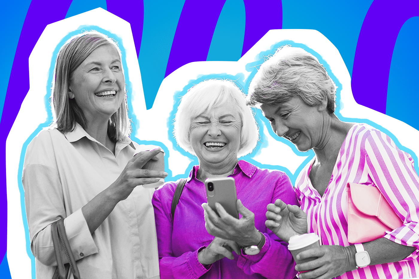 Moderne Grafik, die die tiefe Verbundenheit und Freude zwischen langjährigen Freundinnen darstellt. Das Motiv passt perfekt zu emotionalen Blogbeiträgen über Qualität in Freundschaften, das Pflegen von Kontakten im stressigen Alltag und den unersetzlichen Wert von gemeinsamen Erinnerungen.