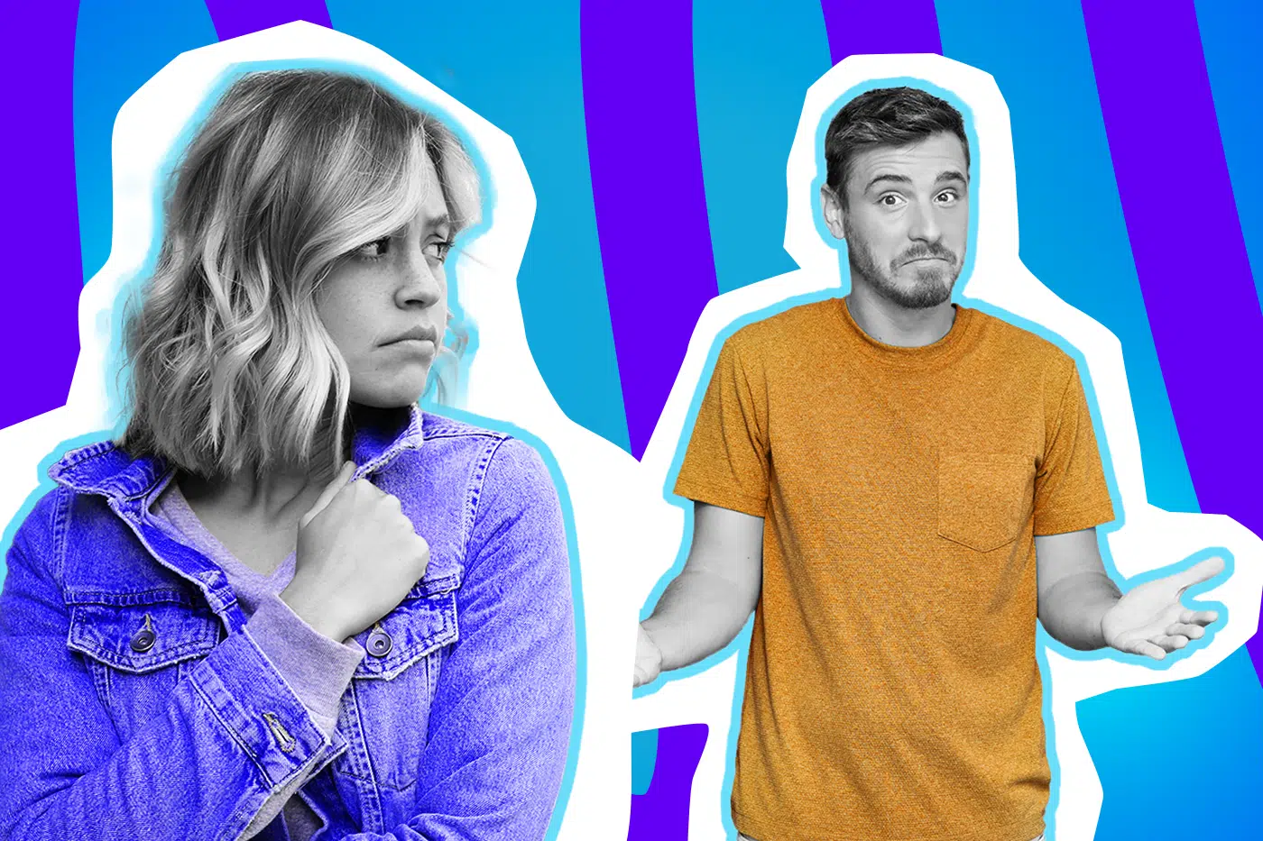 Ausdrucksstarke Collage zum Thema Sicherheit im Alltag: Eine besorgt blickende Frau in Schwarz-Weiß mit einer auffälligen violetten Jeansjacke blickt sich schützend über ihre Schulter um. Neben ihr steht ein ahnungsloser Mann in einem orangen T-Shirt, der verständnislos mit den Schultern zuckt. Das Motiv vor einem blau-violetten Hintergrund visualisiert die Diskrepanz zwischen weiblichem Sicherheitsempfinden und männlicher Unwissenheit.