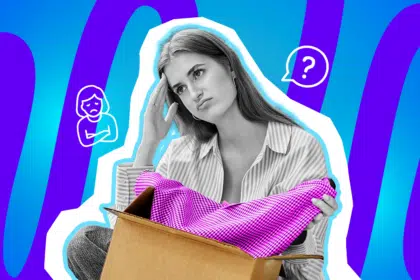 Moderne Grafik, die die Frustration über ausbleibende Dankbarkeit nach einer eigentlich guten Tat darstellt. Eine Frau blickt verständnislos und enttäuscht über ein liebevoll gepacktes Paket. Ideal für Blogbeiträge über Geben und Nehmen, fehlende Manieren, Kleinanzeigen-Frust und den Wert von Wertschätzung.