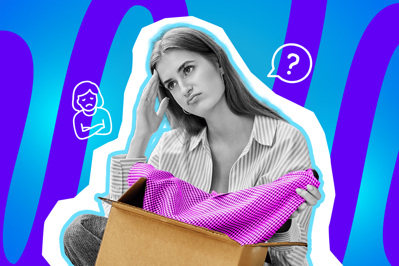 Moderne Grafik, die die Frustration über ausbleibende Dankbarkeit nach einer eigentlich guten Tat darstellt. Eine Frau blickt verständnislos und enttäuscht über ein liebevoll gepacktes Paket. Ideal für Blogbeiträge über Geben und Nehmen, fehlende Manieren, Kleinanzeigen-Frust und den Wert von Wertschätzung.