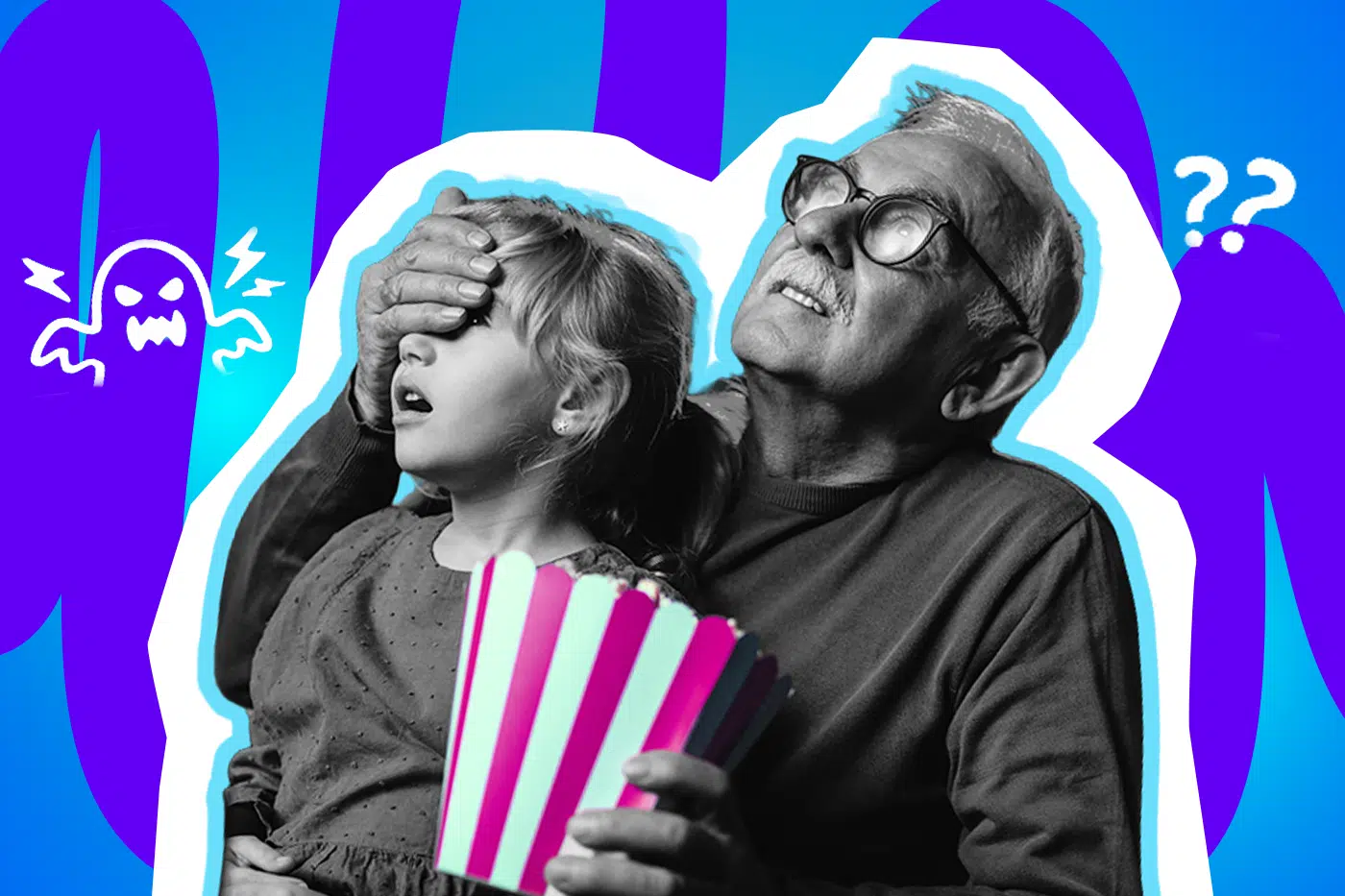 Humorvolle Pop-Art Collage: Großvater schützt seine ängstliche Enkelin im Kino vor einer Grusel-Szene. Ein Schwarz-Weiß-Foto des Paares mit einer farbigen Popcorn-Tüte vor einem blau-violett gestreiften Hintergrund. Icons von einem Geist und Fragezeichen symbolisieren Kinderangst und die Fiktion von Kinderfilmen.