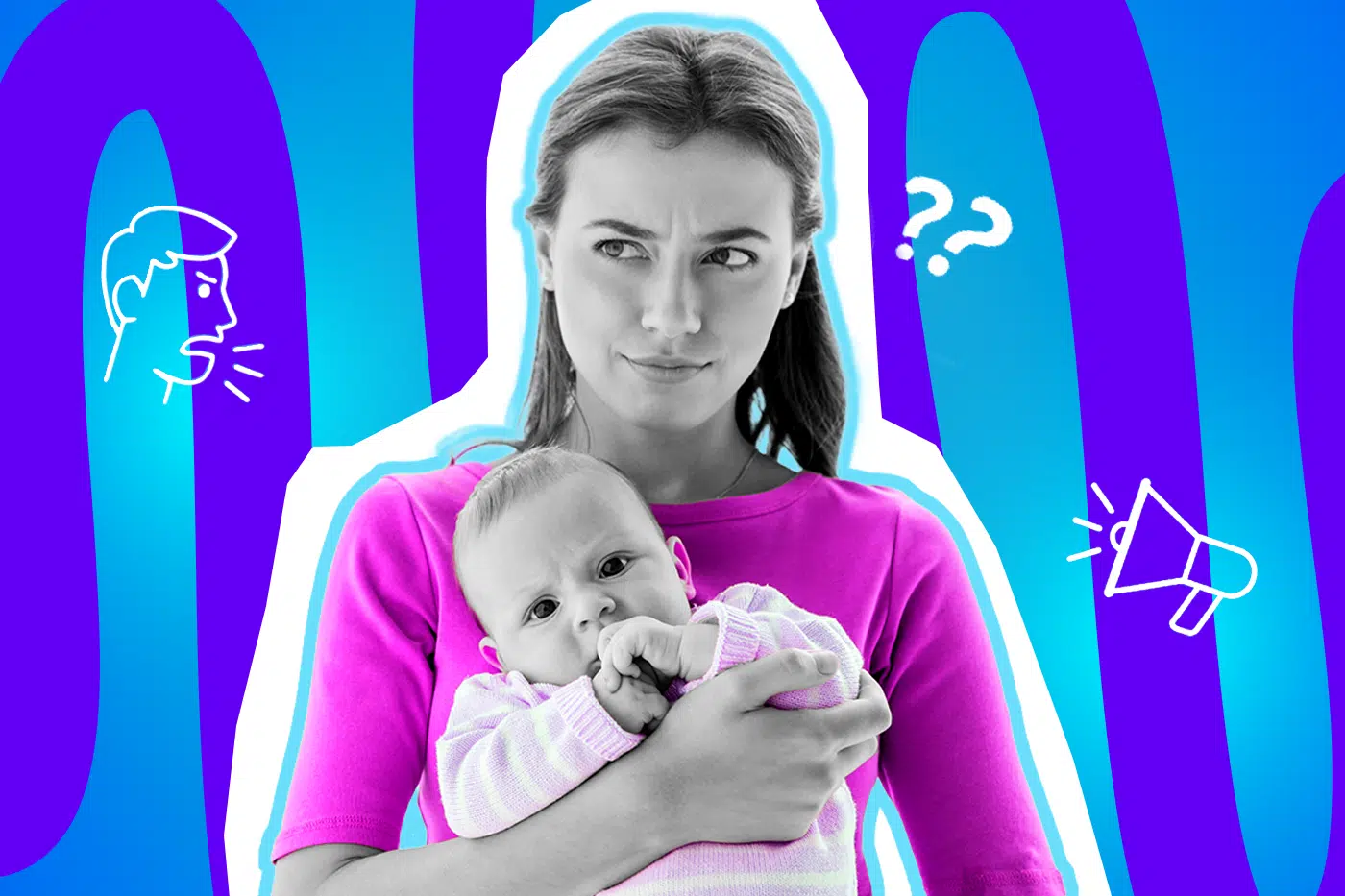 Ausdrucksstarke Collage zum Thema Kinder im öffentlichen Raum: Eine Frau in Schwarz-Weiß blickt skeptisch und leicht genervt zur Seite, während sie ein Baby auf dem Arm hält. Die Frau trägt ein leuchtend pinkes Oberteil, das Baby einen hellen Pullover. Um sie herum schweben weiße Icons: ein schreiender Kopf, Fragezeichen und ein Megafon. Das Pop-Art-Motiv vor einem blau-violetten Wellen-Hintergrund visualisiert den Stress von Eltern in der Öffentlichkeit und die oft fehlende Empathie der Mitmenschen bei weinenden Kindern.