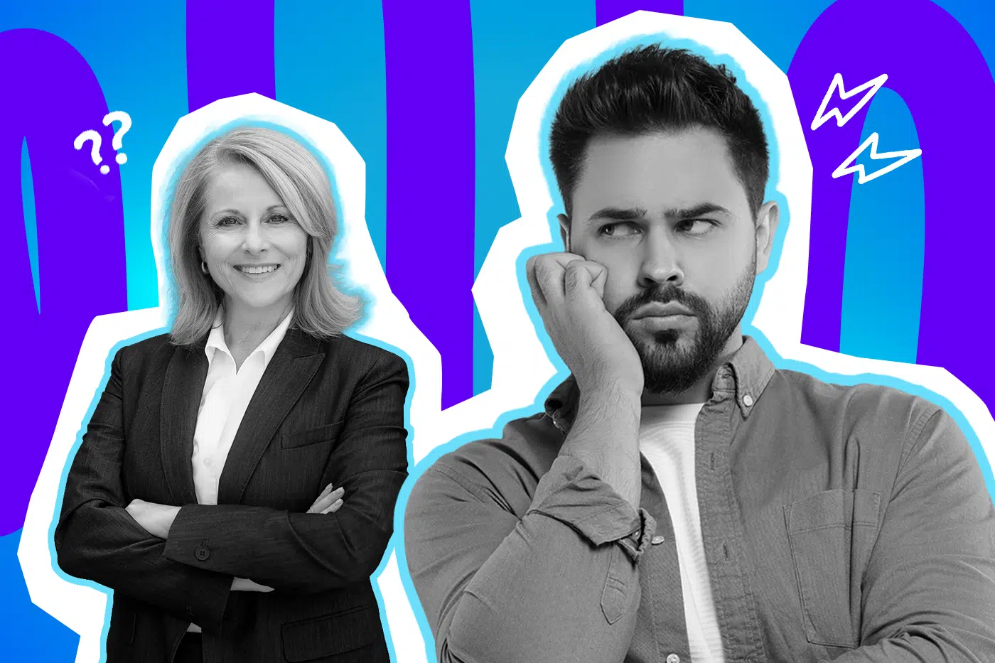 Ausdrucksstarke Collage zum Thema Alltagsrassismus und Vorurteile: Eine lächelnde Frau im Business-Anzug steht in Schwarz-Weiß neben einem sichtlich genervten Mann, der seinen Kopf auf die Hand stützt. Über der Frau schweben weiße Fragezeichen-Icons, über dem Mann kleine Blitze. Das Motiv vor einem blau-violetten Wellen-Hintergrund visualisiert "Rassismus mit einem Lächeln" und die Frustration über stereotype Fragen.