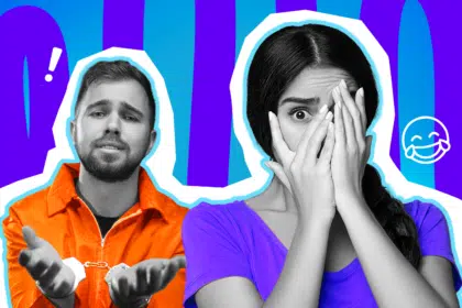 Eine fassungslose junge Frau mit Brille und hochgekrempeltem pinken T-Shirt verdeckt ihr Gesicht mit beiden Händen. Neben ihr sitzt ein Mann im orangefarbenen Gefängnis-Overall in Handschellen, der sie lautstark anbrüllt. Die Pop-Art-Illustration mit Doodles von einer Waage, einem Lade-Symbol und einer traurigen Person symbolisiert humorvoll den ultimativen Jumpscare beim ersten Date, wenn alles ganz anders kommt als geplant.