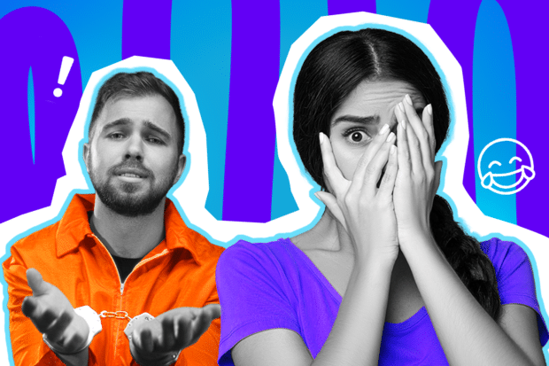 Eine fassungslose junge Frau mit Brille und hochgekrempeltem pinken T-Shirt verdeckt ihr Gesicht mit beiden Händen. Neben ihr sitzt ein Mann im orangefarbenen Gefängnis-Overall in Handschellen, der sie lautstark anbrüllt. Die Pop-Art-Illustration mit Doodles von einer Waage, einem Lade-Symbol und einer traurigen Person symbolisiert humorvoll den ultimativen Jumpscare beim ersten Date, wenn alles ganz anders kommt als geplant.