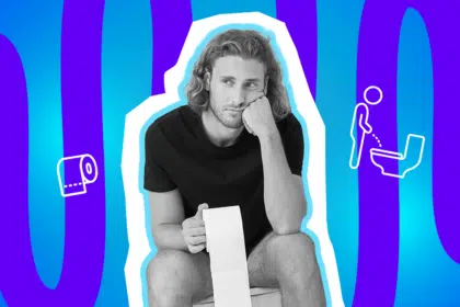 Ein junger Mann mit lockigem Haar sitzt nachdenklich auf der Toilette und hält eine Rolle Klopapier in der Hand. Die Pop-Art-Illustration thematisiert humorvoll die Debatte um das Hinsetzen beim Pinkeln und die Frage nach Hygiene und Etikette im heimischen Badezimmer.