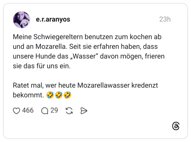 Meine Schwiegereltern benutzen zum kochen ab und an Mozarella. Seit sie erfahren haben, dass unsere Hunde das „Wasser“ davon mögen, frieren sie das für uns ein. Ratet mal, wer heute Mozarellawasser kredenzt bekommt. 🤣🤣🤣