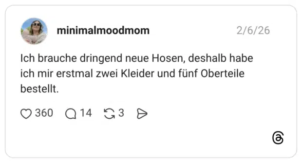 Ich brauche dringend neue Hosen, deshalb habe ich mir erstmal zwei Kleider und fünf Oberteile bestellt.