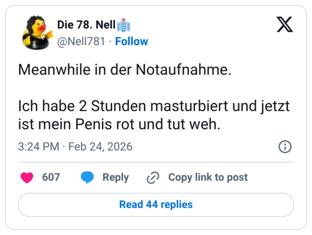 Meanwhile in der Notaufnahme. Ich habe 2 Stunden masturbiert und jetzt ist mein Penis rot und tut weh.