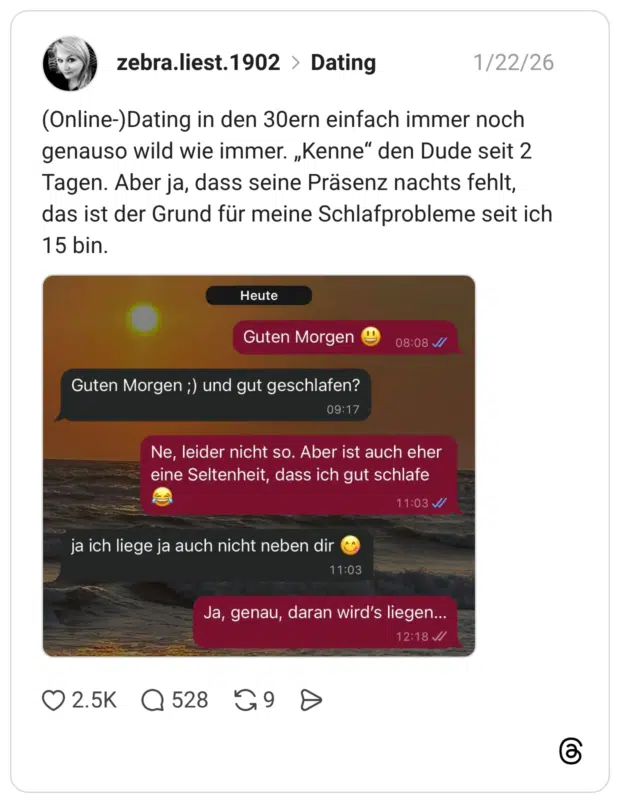 (Online-)Dating in den 30ern einfach immer noch genauso wild wie immer. „Kenne“ den Dude seit 2 Tagen. Aber ja, dass seine Präsenz nachts fehlt, das ist der Grund für meine Schlafprobleme seit ich 15 bin.