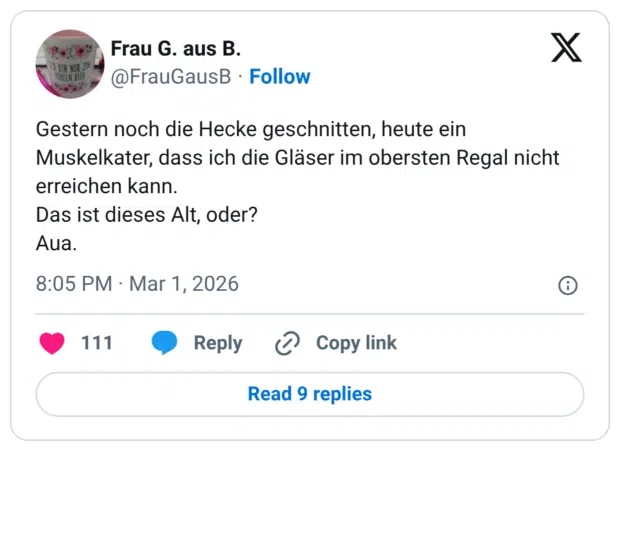 Gestern noch die Hecke geschnitten, heute ein Muskelkater, dass ich die Gläser im obersten Regal nicht erreichen kann. Das ist dieses Alt, oder? Aua.