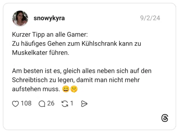 Kurzer Tipp an alle Gamer: Zu häufiges Gehen zum Kühlschrank kann zu Muskelkater führen. Am besten ist es, gleich alles neben sich auf den Schreibtisch zu legen, damit man nicht mehr aufstehen muss. 😄🤫