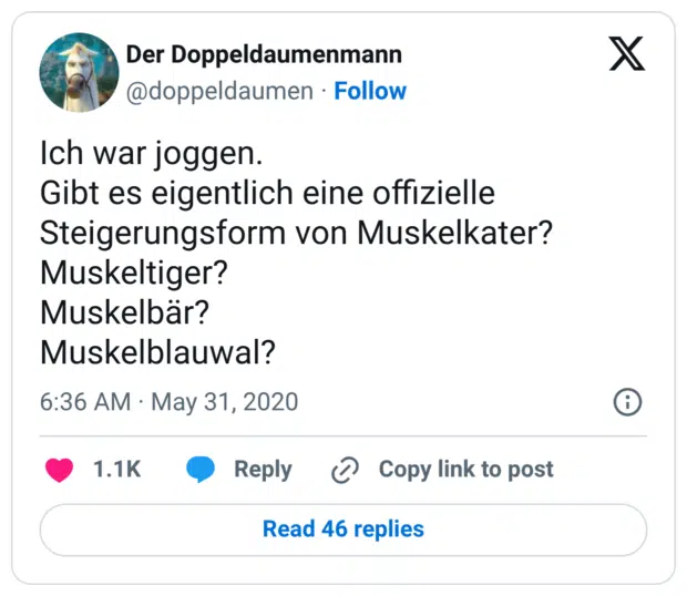 Ich war joggen. Gibt es eigentlich eine offizielle Steigerungsform von Muskelkater? Muskeltiger? Muskelbär? Muskelblauwal?