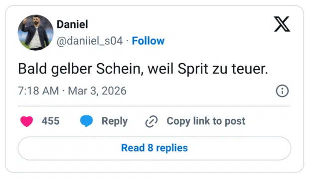Bald gelber Schein, weil Sprit zu teuer.