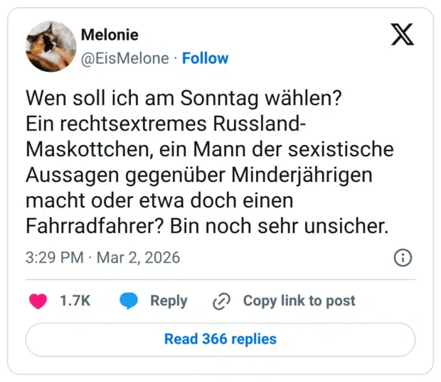 Wen soll ich am Sonntag wählen? Ein rechtsextremes Russland-Maskottchen, ein Mann der sexistische Aussagen gegenüber Minderjährigen macht oder etwa doch einen Fahrradfahrer? Bin noch sehr unsicher.