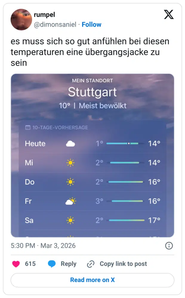 es muss sich so gut anfühlen bei diesen temperaturen eine übergangsjacke zu sein