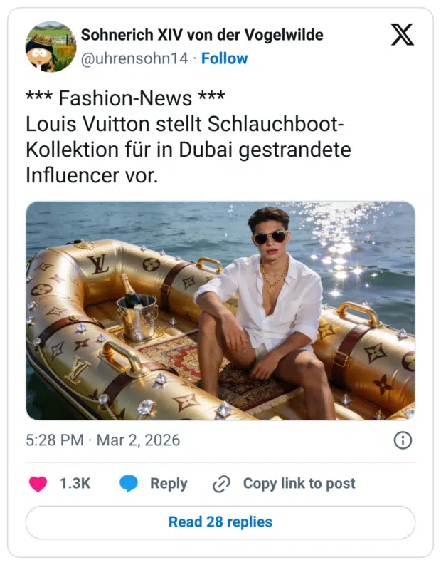 *** Fashion-News *** Louis Vuitton stellt Schlauchboot-Kollektion für in Dubai gestrandete Influencer vor.