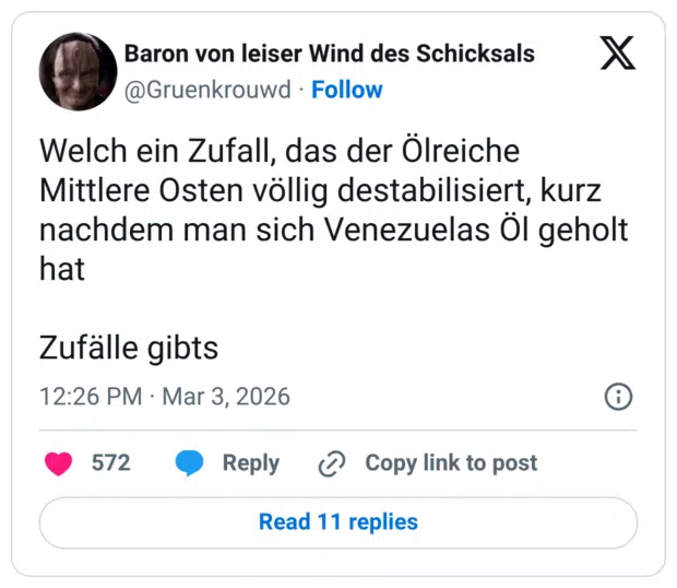 Welch ein Zufall, das der Ölreiche Mittlere Osten völlig destabilisiert, kurz nachdem man sich Venezuelas Öl geholt hat Zufälle gibts