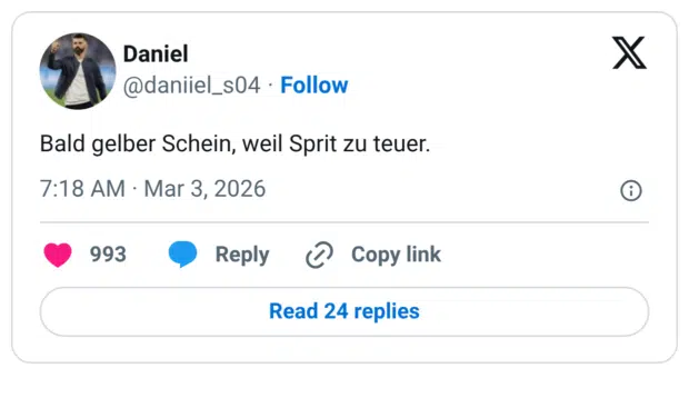 Bald gelber Schein, weil Sprit zu teuer.