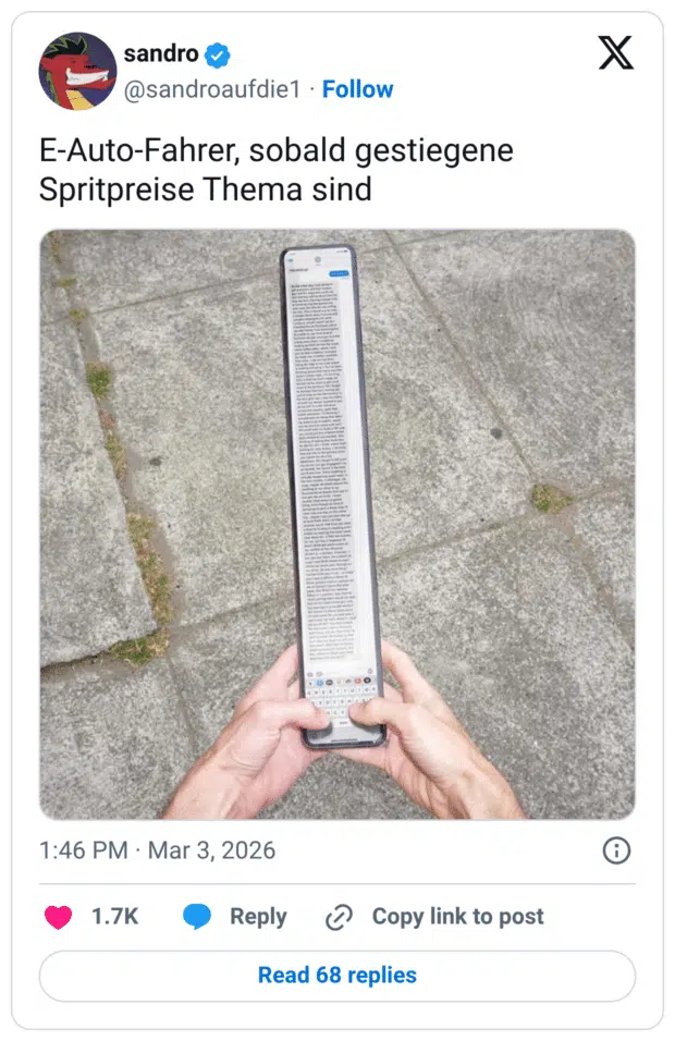 E-Auto-Fahrer, sobald gestiegene Spritpreise Thema sind