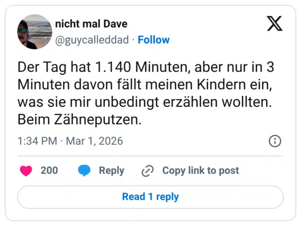 Der Tag hat 1.140 Minuten, aber nur in 3 Minuten davon fällt meinen Kindern ein, was sie mir unbedingt erzählen wollten. Beim Zähneputzen