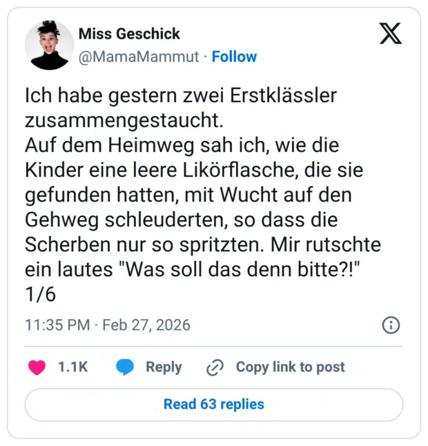 Ich habe gestern zwei Erstklässler zusammengestaucht. Auf dem Heimweg sah ich, wie die Kinder eine leere Likörflasche, die sie gefunden hatten, mit Wucht auf den Gehweg schleuderten, so dass die Scherben nur so spritzten. Mir rutscht ein lautes "Was soll das denn bitte?!" 1/6