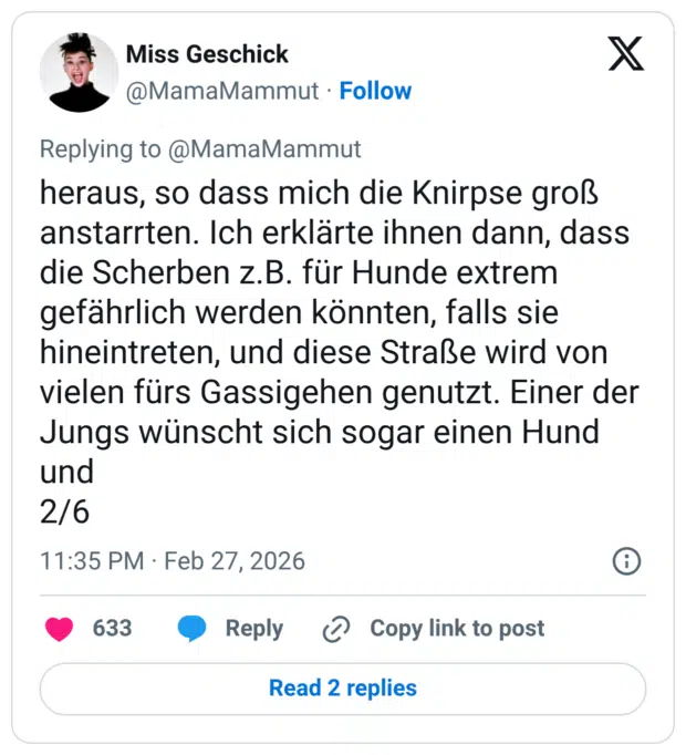 heraus, so dass mich die Knirpse groß anstarrten. Ich erklärte ihnen dann, dass die Scherben z.B. für Hunde extrem gefährlich werden könnten, falls sie hineintreten, und diese Straße wird von vielen fürs Gassigehen genutzt. Einer der Jungs wünscht sich sogar einen Hund und 2/6