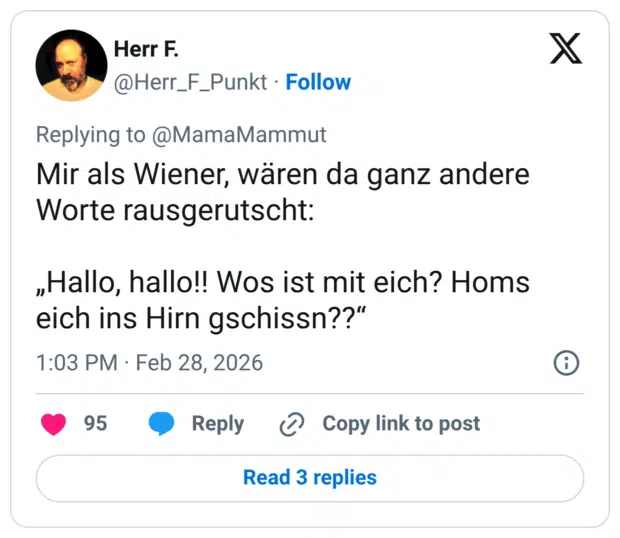 Mir als Wiener, wären da ganz andere Worte rausgerutscht: „Hallo, hallo!! Wos ist mit eich? Homs eich ins Hirn gschissn??"