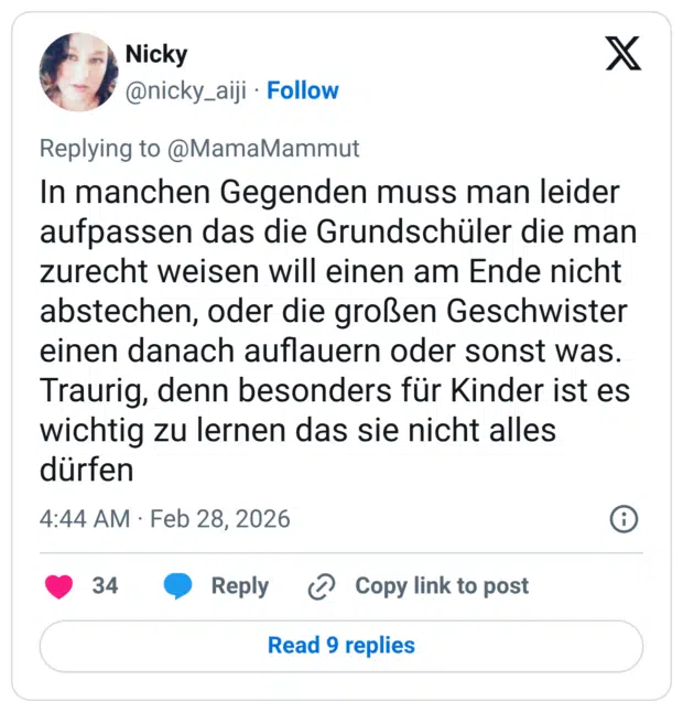 In manchen Gegenden muss man leider aufpassen das die Grundschüler die man zurecht weisen will einen am Ende nicht abstechen, oder die großen Geschwister einen danach auflauern oder sonst was. Traurig, denn besonders für Kinder ist es wichtig zu lernen das sie nicht alles dürfen