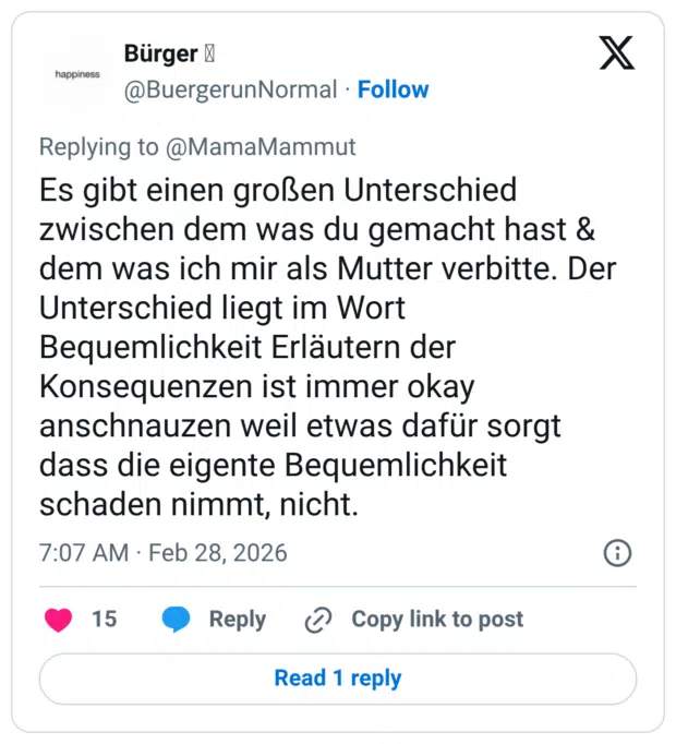 Es gibt einen großen Unterschied zwischen dem was du gemacht hast & dem was ich mir als Mutter verbitte. Der Unterschied liegt im Wort Bequemlichkeit Erläutern der Konsequenzen ist immer okay anschnauzen weil etwas dafür sorgt dass die eigente Bequemlichkeit schaden nimmt, nicht.