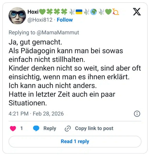 Ja, gut gemacht. Als Pädagogin kann man bei sowas einfach nicht stillhalten. Kinder denken nicht so weit, sind aber oft einsichtig, wenn man es ihnen erklärt. Ich kann auch nicht anders. Hatte in letzter Zeit auch ein paar Situationen.