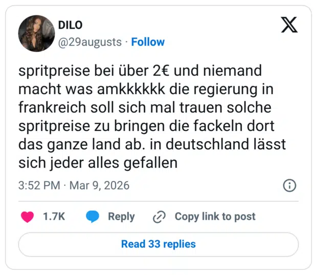 spritpreise bei über 2€ und niemand macht was amkkkkkk die regierung in frankreich soll sich mal trauen solche spritpreise zu bringen die fackeln dort das ganze land ab. in deutschland lässt sich jeder alles gefallen