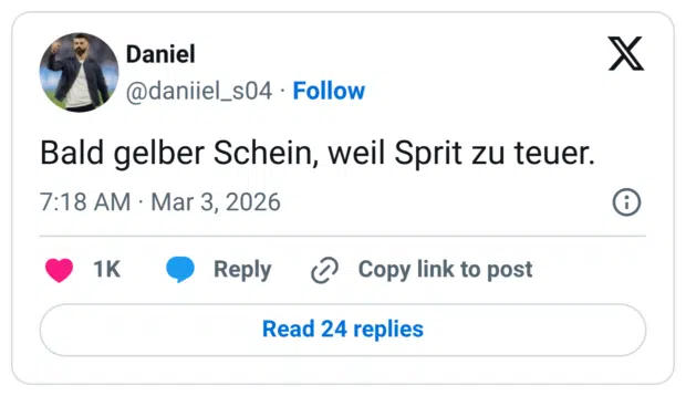 Bald gelber Schein, weil Sprit zu teuer.