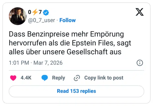 Dass Benzinpreise mehr Empörung hervorrufen als die Epstein Files, sagt alles über unsere Gesellschaft aus