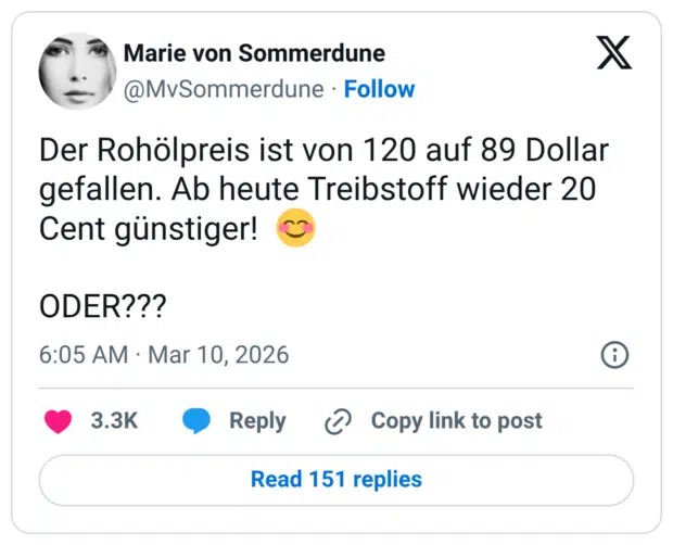 Der Rohölpreis ist von 120 auf 89 Dollar gefallen. Ab heute Treibstoff wieder 20 Cent günstiger! 😊 ODER???