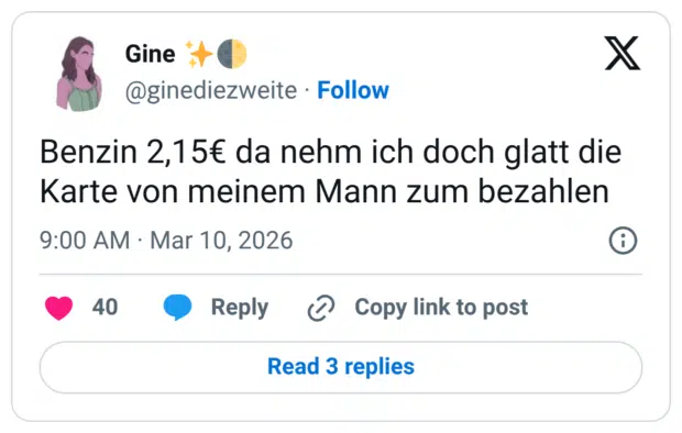 Benzin 2,15€ da nehm ich doch glatt die Karte von meinem Mann zum bezahlen