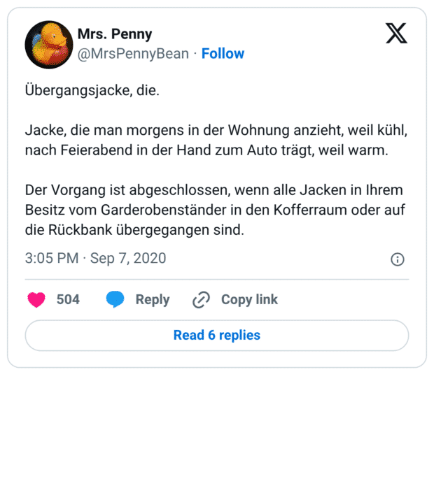 Übergangsjacke, die. Jacke, die man morgens in der Wohnung anzieht, weil kühl, nach Feierabend in der Hand zum Auto trägt, weil warm. Der Vorgang ist abgeschlossen, wenn alle Jacken in Ihrem Besitz vom Garderobenständer in den Kofferraum oder auf die Rückbank übergegangen sind.