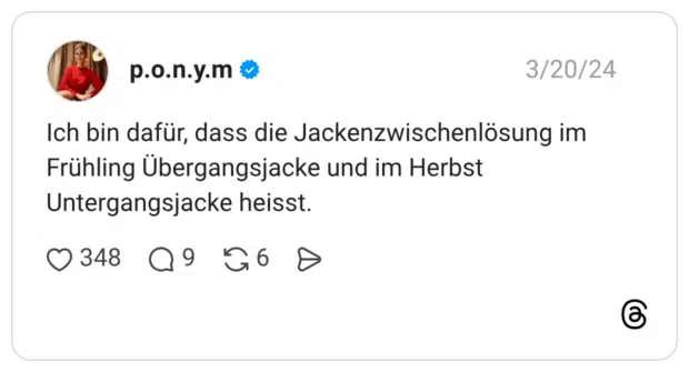 Ich bin dafür, dass die Jackenzwischenlösung im Frühling Übergangsjacke und im Herbst Untergangsjacke heisst.